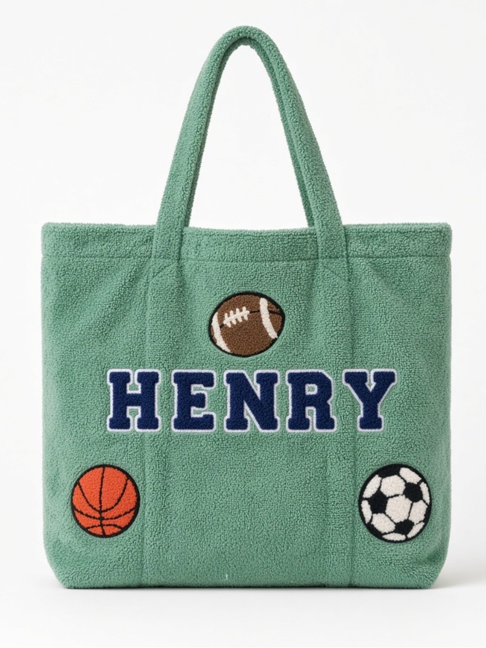 Custom Jocelyn Green Terry Cloth Tote – “HENRY” Varsity + Sports Patches
